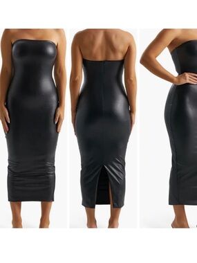 Naked Wardrobe Black Strapless Faux-Leather Midi Dress